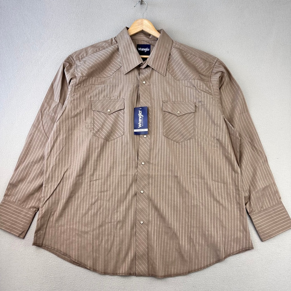 Wrangler Western Pearl Snap Shirt Men XXL Brown Striped Long‎ Sleeve NWT Rodeo